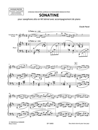 Sonatine - Saxophone - Claude Pascal - Partition - Saxophone